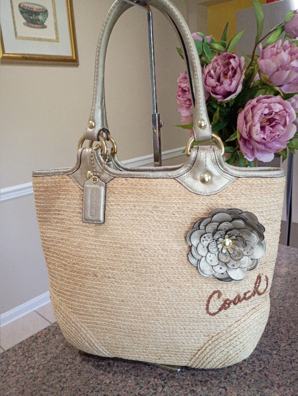 Coach Natural Straw Tote with Metallic Gold Trim and Floral Applique - Picture 16 of 16